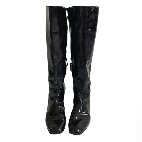 Start Weitzman Boots Black Leather Knee High Patent Leather Block Heel Size 9 - Picture 2 of 16